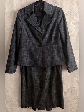VTG Rafaella Studio Gray Black Cross Hatch 2pc Button Up Jacket Skirt Suit Sz 8